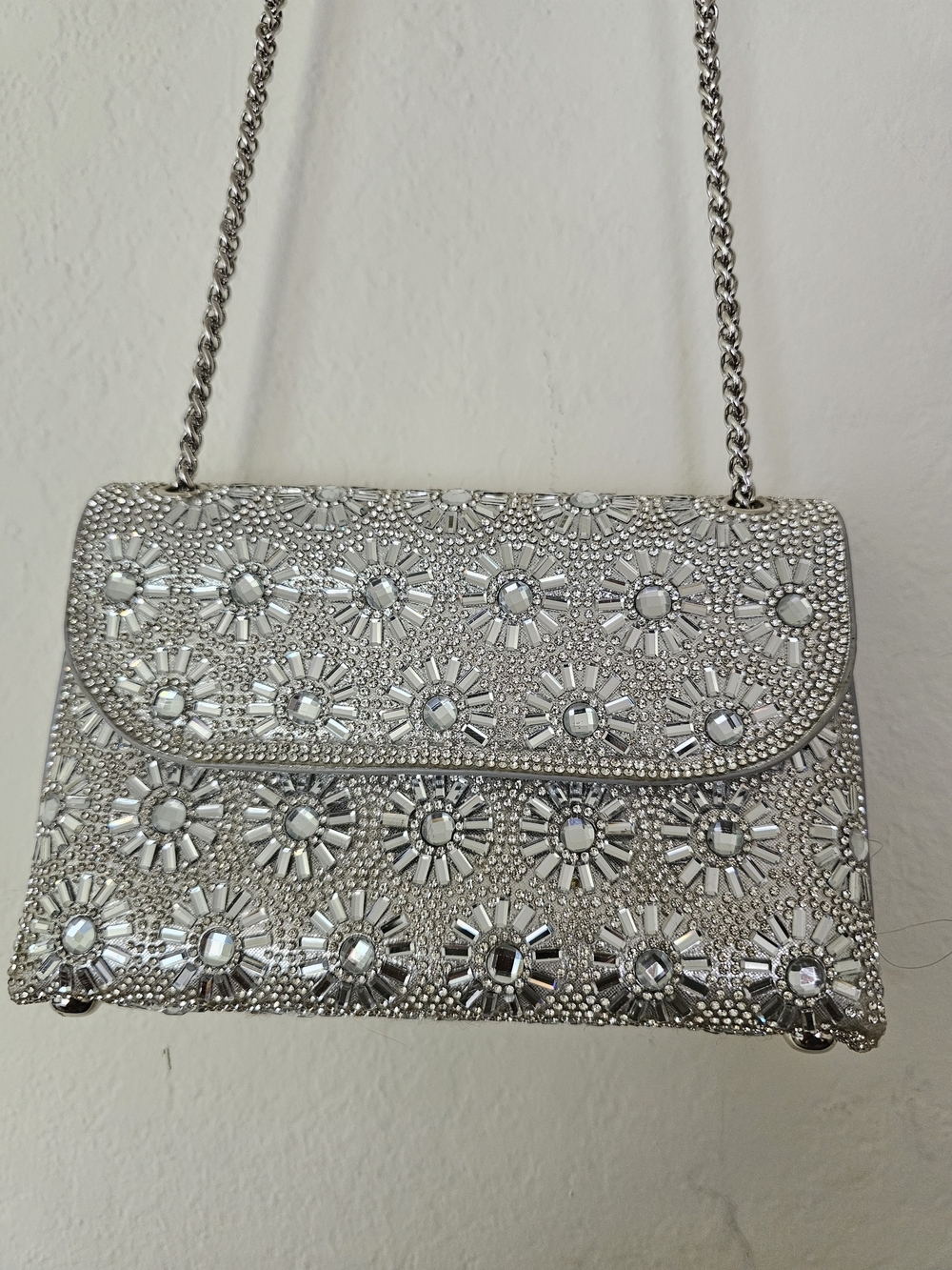 Rhinestone Embellished Silver Evening Clutch with Chain